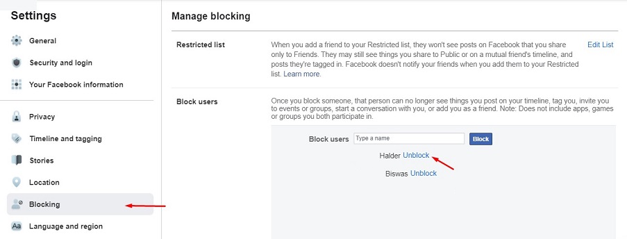 buscar lista de bloqueo en facebook