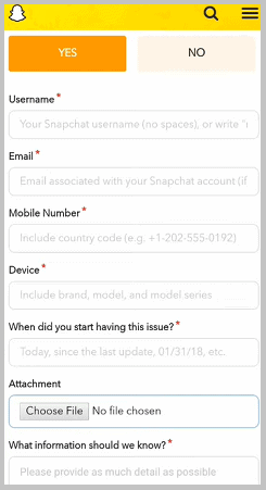 llenar formulario de Snapchat