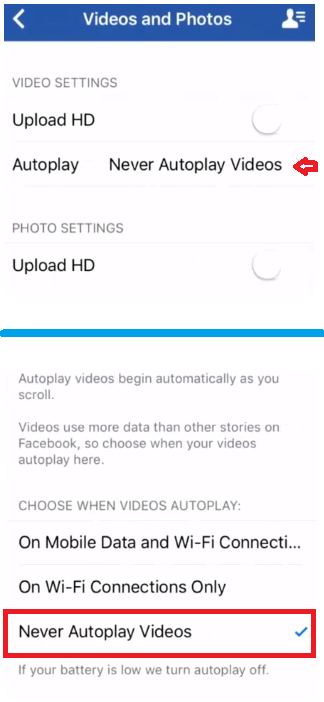 deshabilitar la reproducción automática de video en Facebook para iPhone